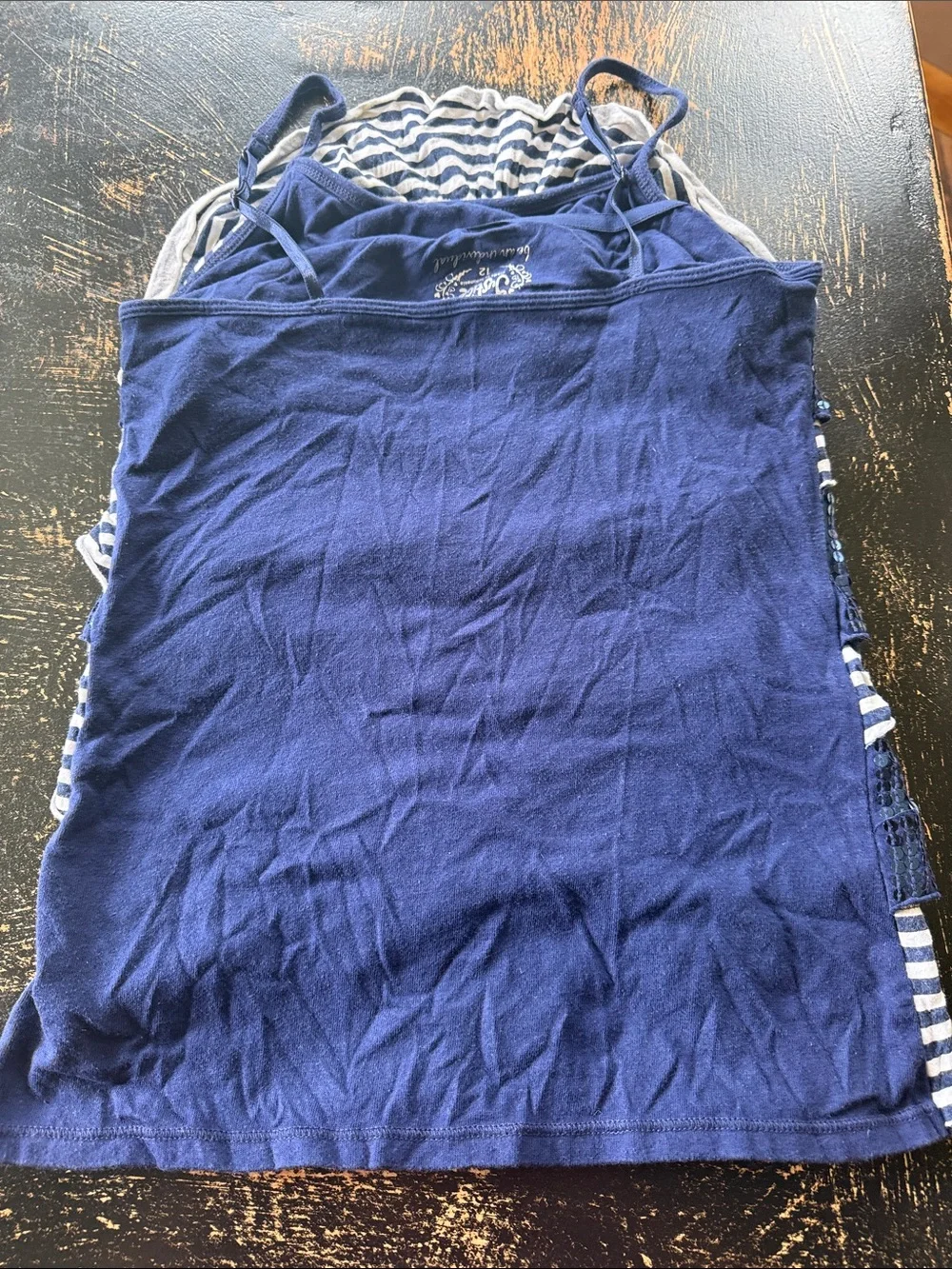 Justice Navy and White Striped Ruffle Sequin tank top
